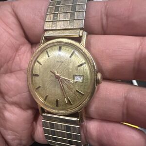 RUNS Vintage Timex Watch Mens Gold Mechanical Watch Working With Date Rare 33mm
